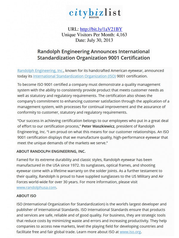 Citybizlist Boston - Randolph Engineering Announces ISO Certification