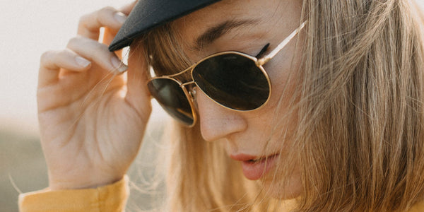 Randolph's new 2019 designer female sunglasses, Thaden, in gold and dark lens. 
