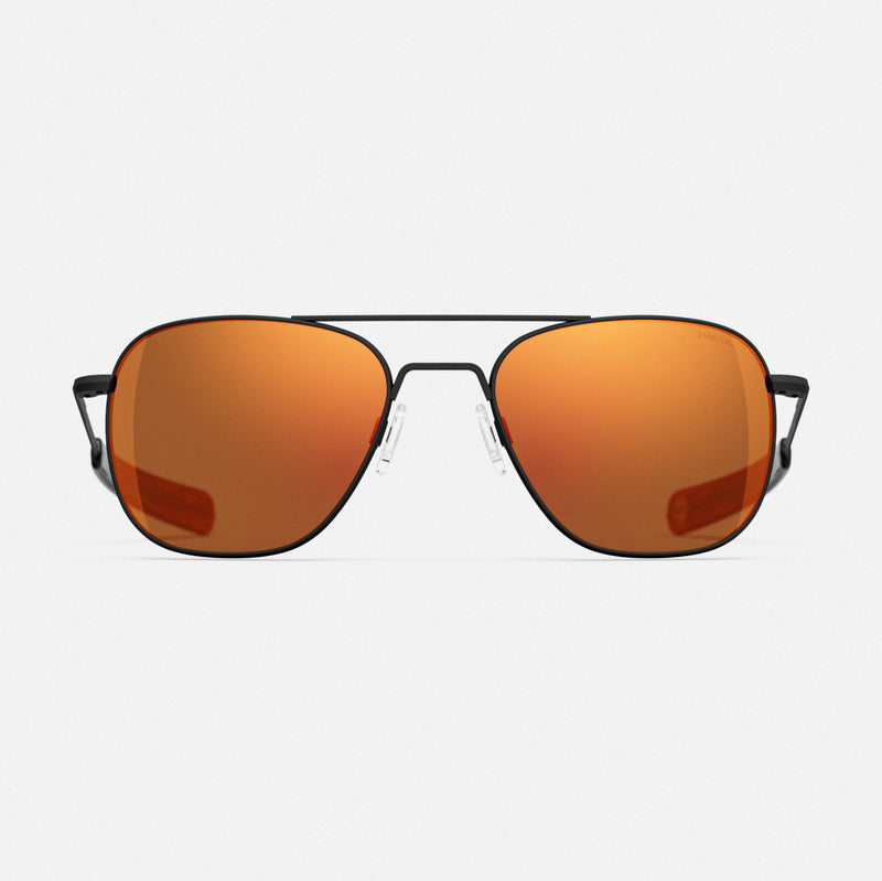 Aviator DriveWorks with red orange reflective lenses and black frames