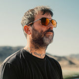 Aviator DriveWorks with red orange reflective lenses and black frames