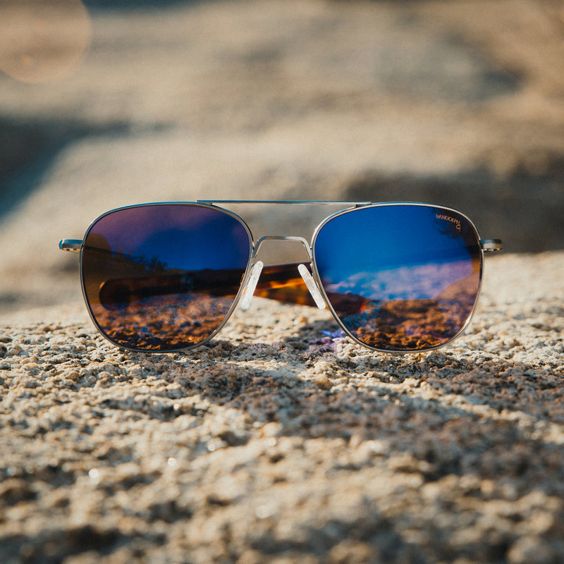 Aviator DriveWorks gunmetal frame with blue reflective lenses