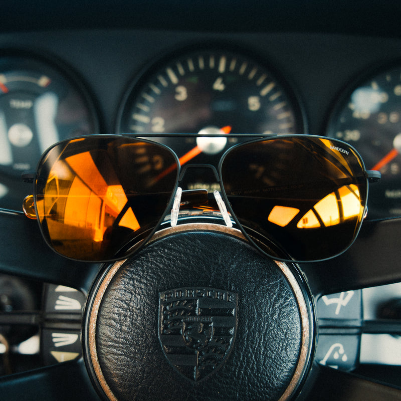 Aviator DriveWorks with red orange reflective lenses and black frames