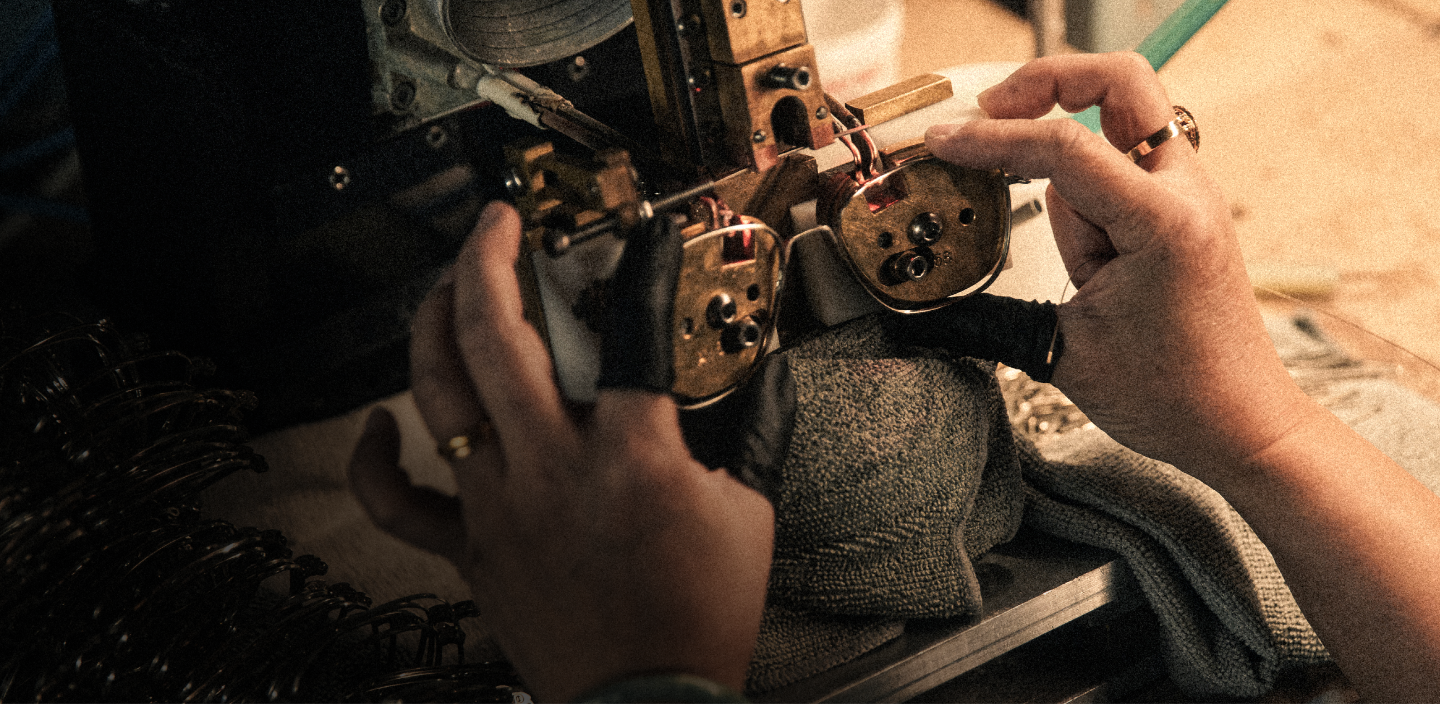 RANDOLPH craftsperson hand-finishing an eyewear frame at the Massachusetts factory.