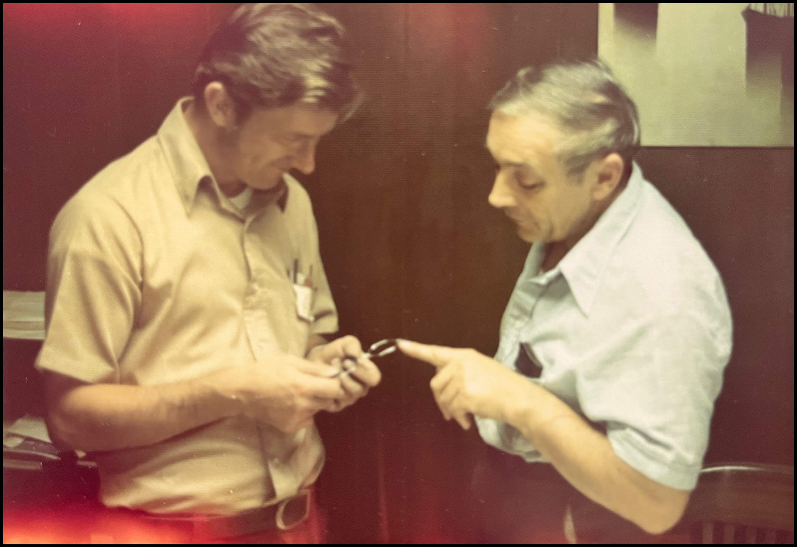 A vintage photograph of Randolph sunglasses being handcrafted in the factory.